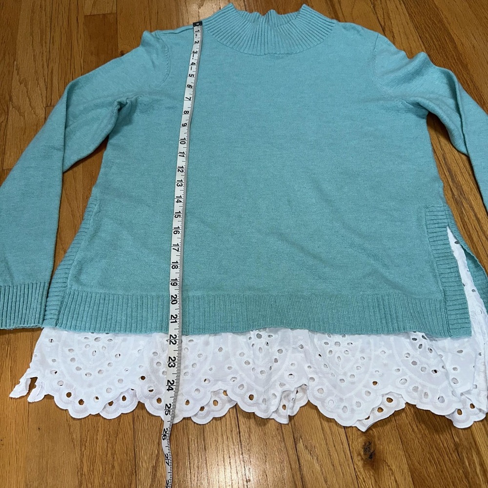Talbots Sweater S Blue Mock Neck Eyelet Hem Pullover Lagenlook Layered Coastal - Picture 7 of 7